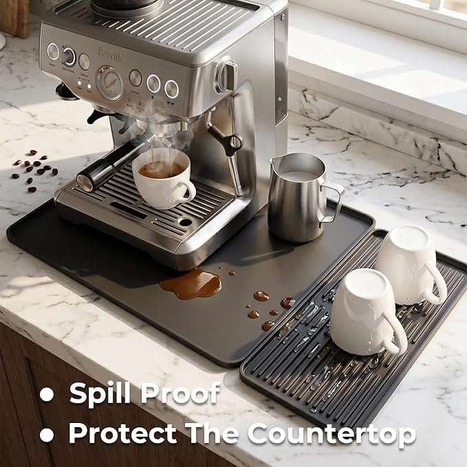 24×16-inch Silicone Coffee Mat for Espresso Machine - Heat Resistant, Waterproof Countertop Protector Pad with Raised Edges, Easy Clean Dish Drying Mat for Kitchen, Pet Food Mat (Black)