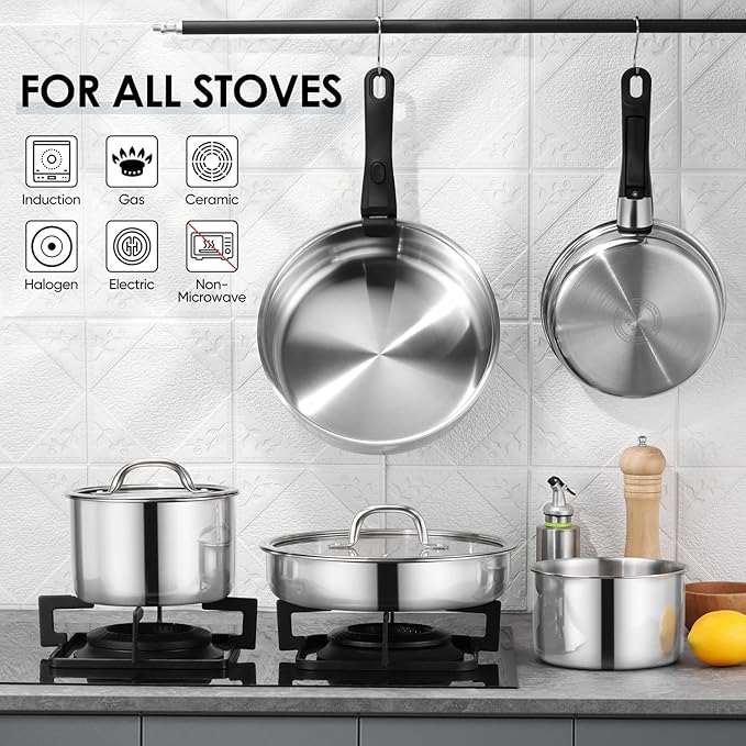 Walchoice 13pcs Stainless Steel Cookware Set, Tri-Ply Pots and Pans Set with Detachable Handles, Cooking Set for RV, Camping, Kitchen, All Stoves Compatible & Dishwasher Safe
