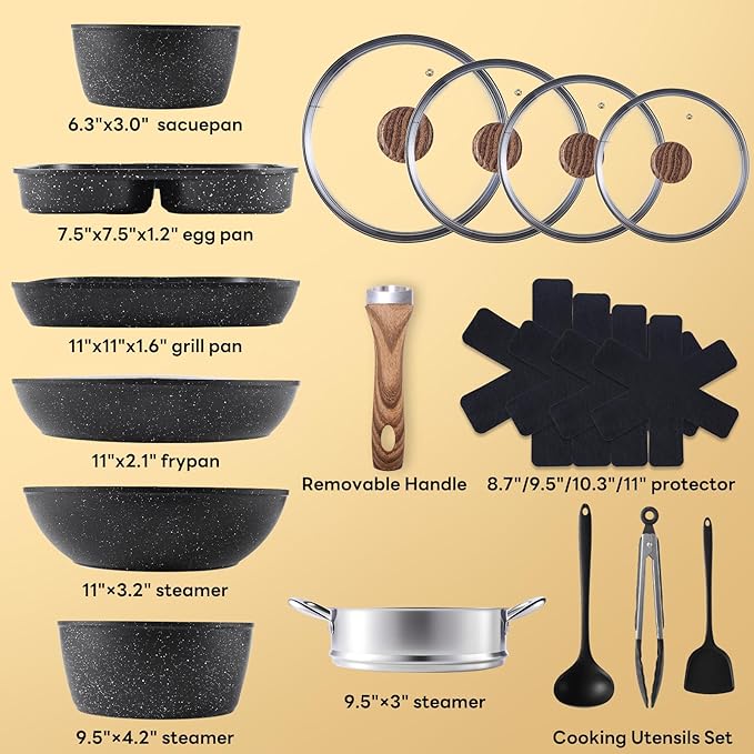 Sweetcrispy 17 Pcs Nonstick Pots and Pans, Induction Kitchen Cooking Set with Stay-Cool Handles, Black