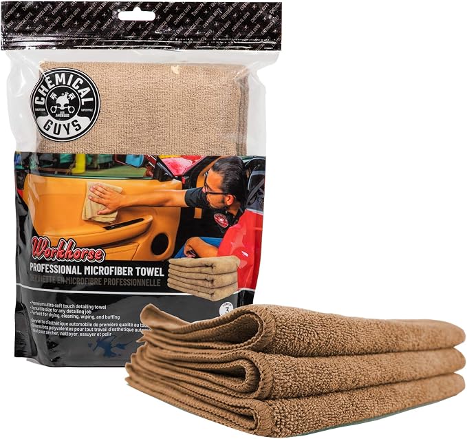 Chemical Guys MIC34403 Workhorse Professional Microfiber Towel, Tan (Safe for Car Wash, Home Cleaning & Pet Drying Cloths) 16" x 16", Pack of 3