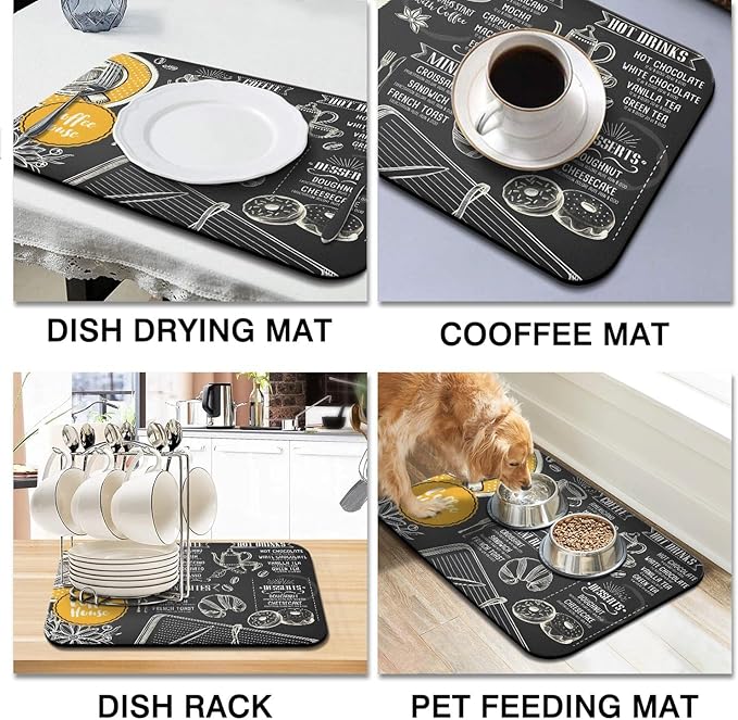 Coffee Bar Mat Accessories for Countertop Absorbent Hide Stain Rubber Backed Dish Drying Mats for Kitchen Counter Draining Pad Decor Gift(24x16in)