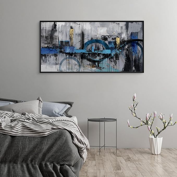 KLAKLA Abstract Wall Art - Blue and Gray Pictures Canvas Artwork for Living Room Bedroom Horizontal Black Framed Above Bed Wall Decor - 24x48