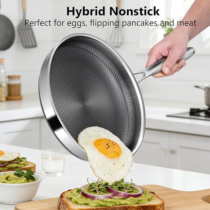 Frying Pans, 8-inch Hybrid Frying Pans Stainless Steel Skillets, Dishwasher & Oven-Safe, Stay-Cool Handle, PFOA Free Cookware, Compatible with All Cooktops