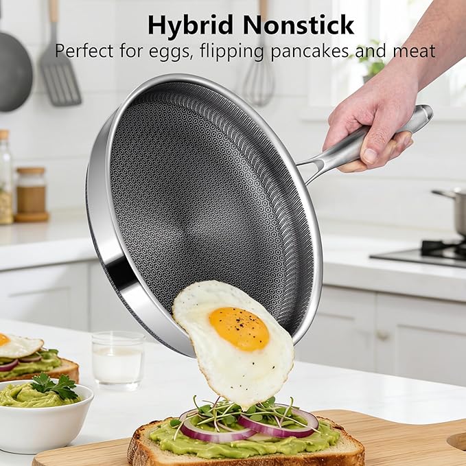 Frying Pans, 12-inch Hybrid Frying Pans Stainless Steel Skillets, Dishwasher & Oven-Safe, Stay-Cool Handle, PFOA Free Cookware, Compatible with All Cooktops