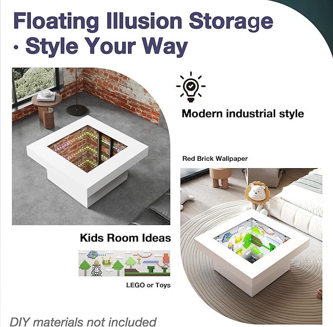 FKWin Modern Coffee Table for Living Room - 31" Endless Depth Mirror Center Table with LED Lights, Unique Square Coffee Table with Tempered Glass-Top, White