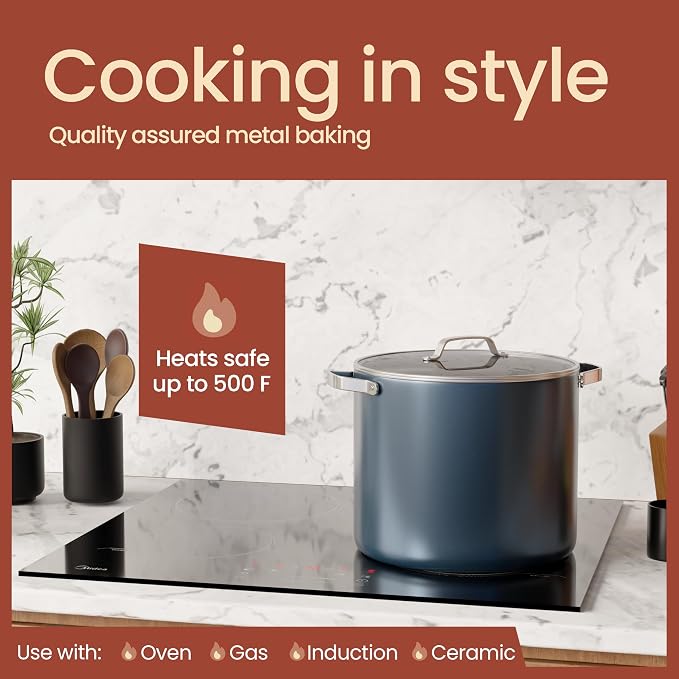 Bakken 12.5 Quart Ceramic Coated Stock Pot with Lid, Easy Clean Nonstick Pot, Tempered Glass Lid, Riveted Stainless Steel Handles, Oven Safe Up To 500°F, PTFE & PFAS Free, All Stove Compatible, Blue