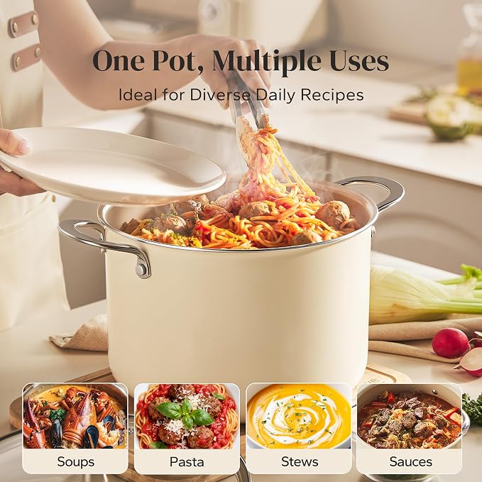 Redchef Ceramic Stock Pot with Lid, 8 Qt Soup Pot Nonstick for Family Cooking, Pasta Pot Large Induction Cooking Pot, Stay-Cool Handles, Even Heating, Oven/Dishwasher Safe, PFOA Free, Beige