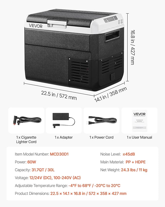 VEVOR 12 Volt Car Refrigerator, 31.7QT/30L Car Fridge, Portable Electric Freezer with -4℉ to 68℉ Adjustable Temp, 12/24V DC and 100-240V AC Compressor Cooler for Outdoor, Camping, RV