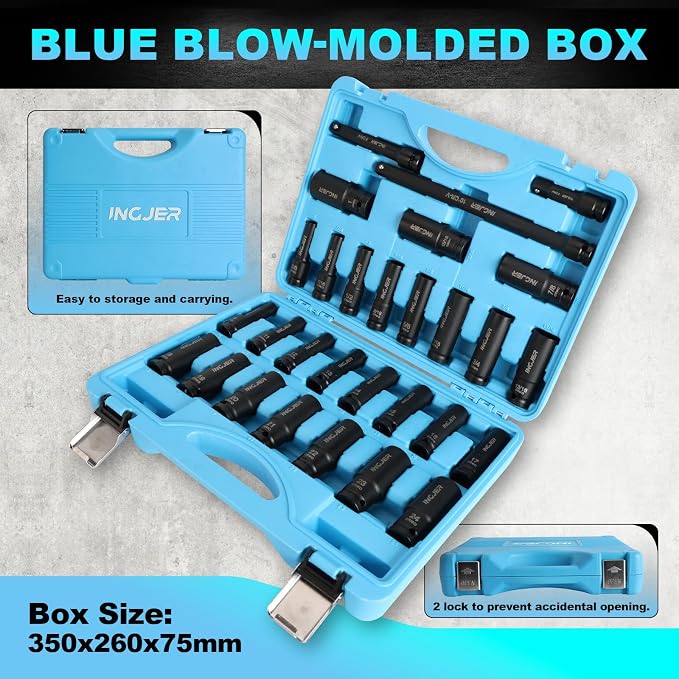 1/2" 29PCS Impact Socket Set, Upgrade CR-MO 6 Point Socket Set,SAE (3/8"-1") & Metric (10-24mm), Standard & Deep Sockets with Extension Bars, High Torque, Ideal for Truck Bearing Locknut.