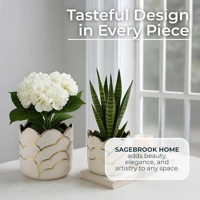 Modern Decorative Home Decor Planters for Flower Pots - Ideal for Indoor and Outdoor Plants for House Decor - Plant Pots for Garden Accent or Plant Stand Indoor - Set of 2, 7", 5", Ivory & Gold