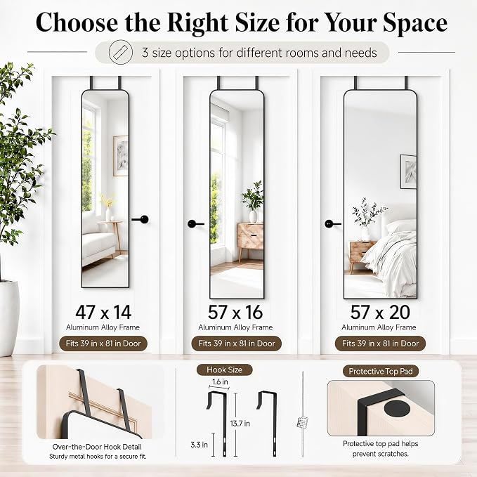 SCWF-GZ 57x20 Full Length Mirror Over The Door Hanging, Floor Stand/Wall Mounted Aluminum Alloy Frame Dressing Mirror for Bedroom Living Room 57 inch Black