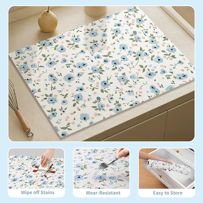 Ditsy Floral Dish Drying Mat for Kitchen Countertop Super Absorbent Coffee Bar Mat, Fast Dry Fit Under Espresso Machine (Ditsy Blooms,Blue)
