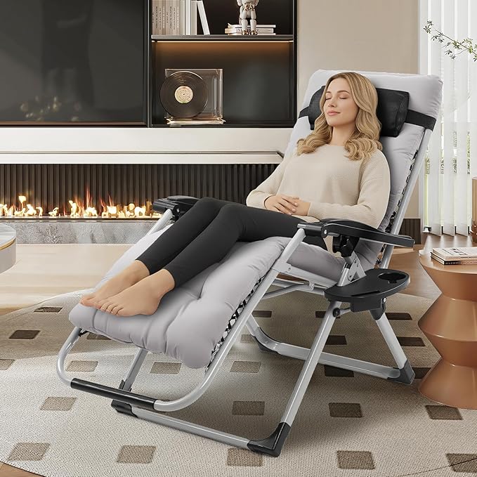 VINGLI Padded Zero Gravity Chair, Lounge Chair with Removable Cushion & Tray， Folding Reclining Patio Chairs， Recliner Chair for Lawn，Indoor and Outdoor