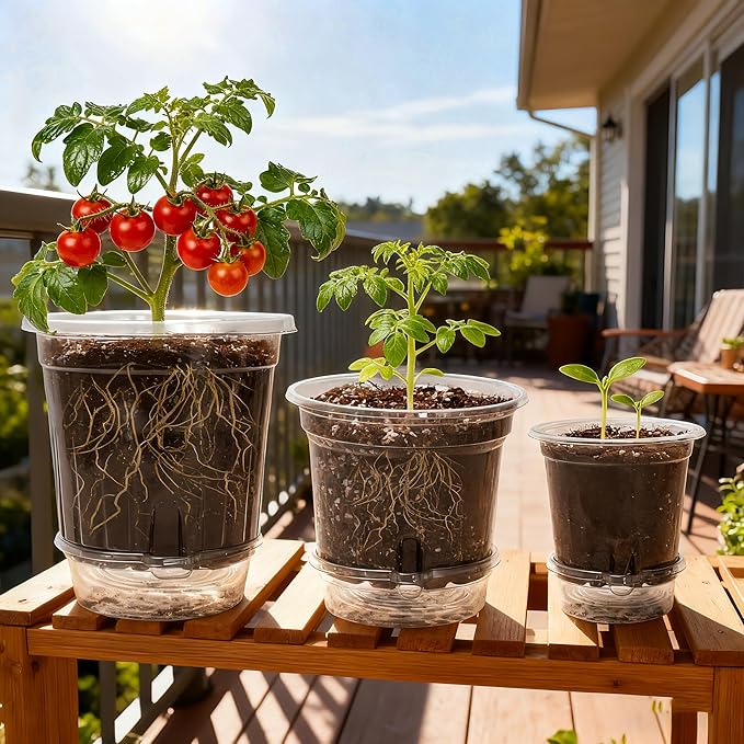 Bluepro Self Watering Pots for Indoor Plants, 4/5/6.5 Inch, 18-Pack | Clear Plastic, 6 Each of Three Sizes, Reservoir Trays and Wicks, Up to 7-Day Water Supply, Root and Water-Level Visibility