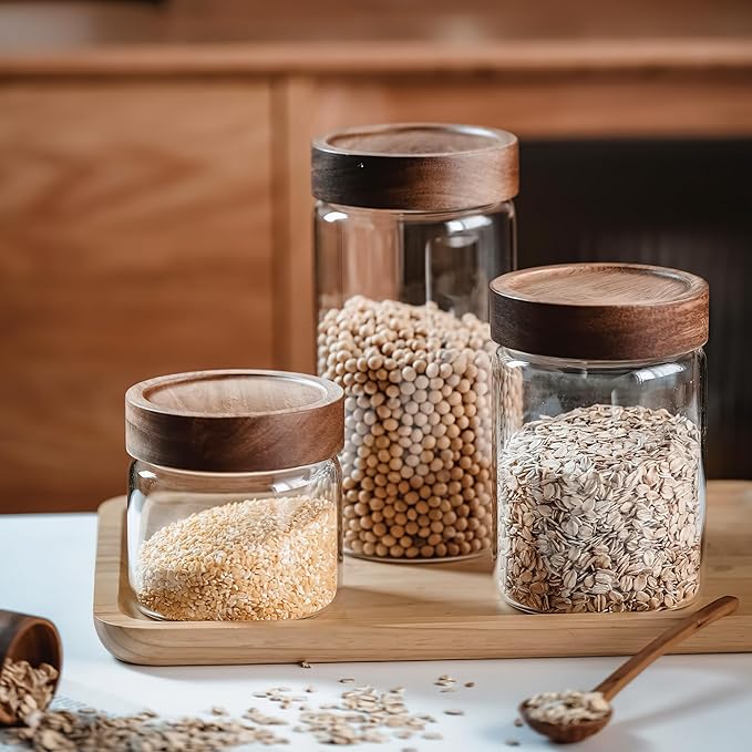 3 Pack 40 fl oz/1200 ml Clear Glass Storage Canister with Airtight Wooden Screw On Lid, Large Tall Decorative Glass Container Jar Set for Coffee, Nut, Tea, Candy, Cookie, Cereal, Sugar, Flour