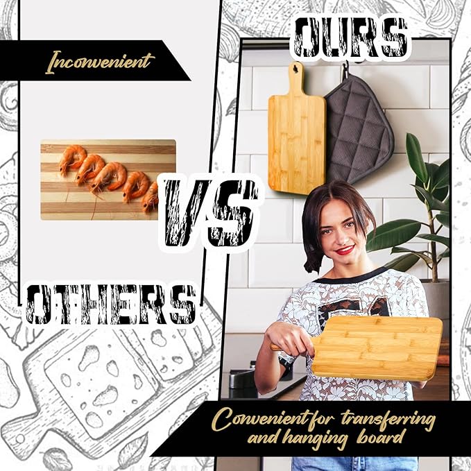 Nuenen 1 Pcs Wood Cutting Board with Handle Acacia Bamboo Wooden Serving Kitchen Chopping Boards for Pizza, Bread, Cheese, Charcuterie, Fruit, Vegetables (15.7 x 7.8 Inch,Bamboo)