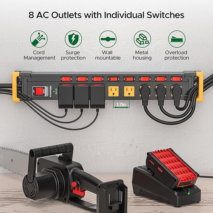8 Outlet Heavy Duty Power Strip with Individual Switches,3300J Surge Protector Power Strip with 6FT Cord Management, Wide-Spaced, ETL Listed (15A/1875W)