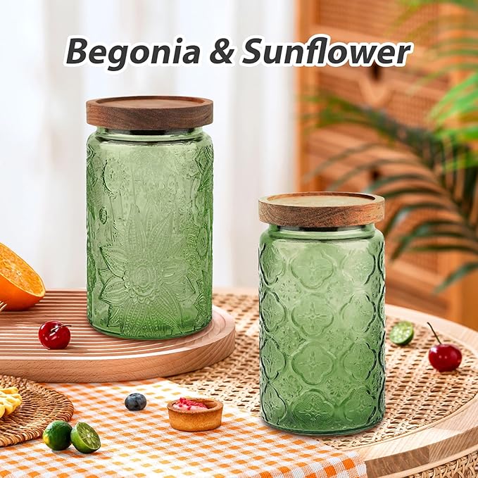 Glass Jar with Lid, Vintage Glass Storage Jars with Airtight Lid Coffee Canister Sugar Container for Kitchen Counter Pantry, Spice, Candy, Coffee Beans, Tea, Oats (34FL OZ Sunflower Green)