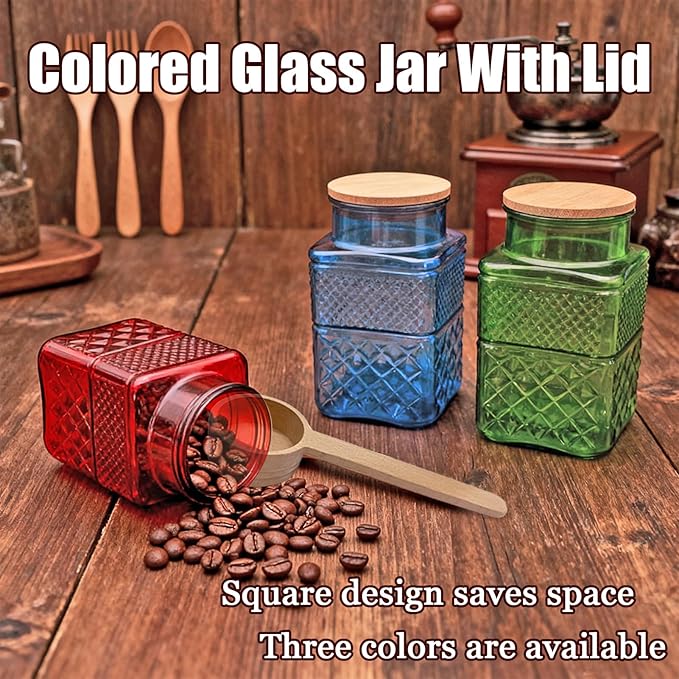 Coriario 60oz Decorative Glass Jar with Airtight Lid and Wood Spoon Red Square Vintage Glass Storage Jars Canisters for Food Candy Counter Flour Sugar Cookie Coffee Tea