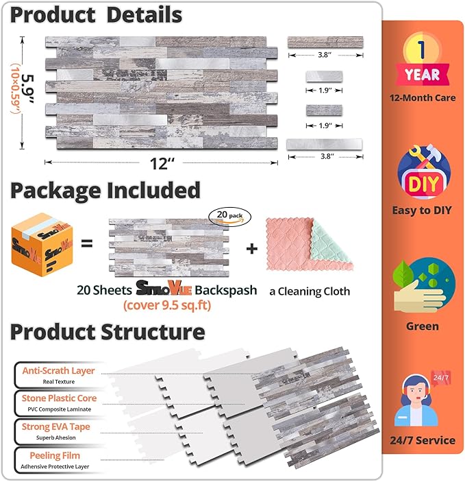 StyloVue 20 Sheets Peel and Stick Backsplash, Distressed Wood with Metal Silver Self Adhesive Wall Tiles Upgrade Your Kitchen Backsplash, RV, Fireplace