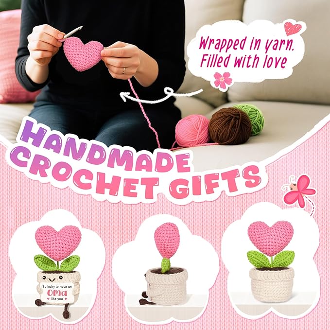 Oma Gifts for Grandma, Mothers Day Birthday Gift for Oma from Granddaughter Grandson, Mini Handmade Emotional Positive Crochet Pink Heart Flower