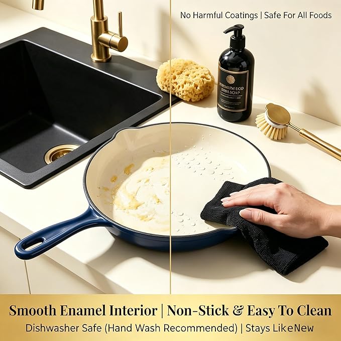 QuliMetal Enameled Cast Iron Cookware Set, 4-Piece Pots and Pans Set with Lids, 10.25" Skillet, 2QT Saucepan, 2.8QT & 4.8QT Dutch Ovens, Oven Safe to 500°F, All Stovetops Compatible - Navy Blue