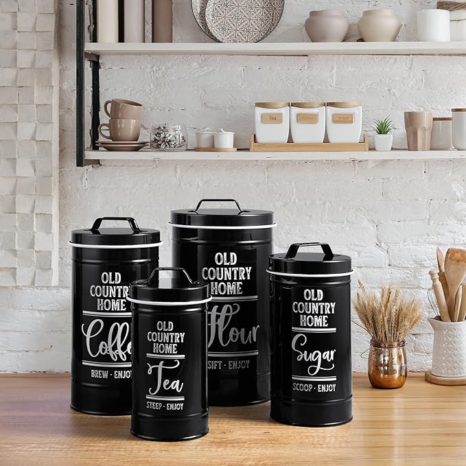 DAYYET Black Canisters Sets for the Kitchen, Airtight Kitchen Canisters for Countertop, Flour and Sugar Containers, Tea Coffee Sugar Canister Set, Black Kitchen Decor and Accessories, Set of 4