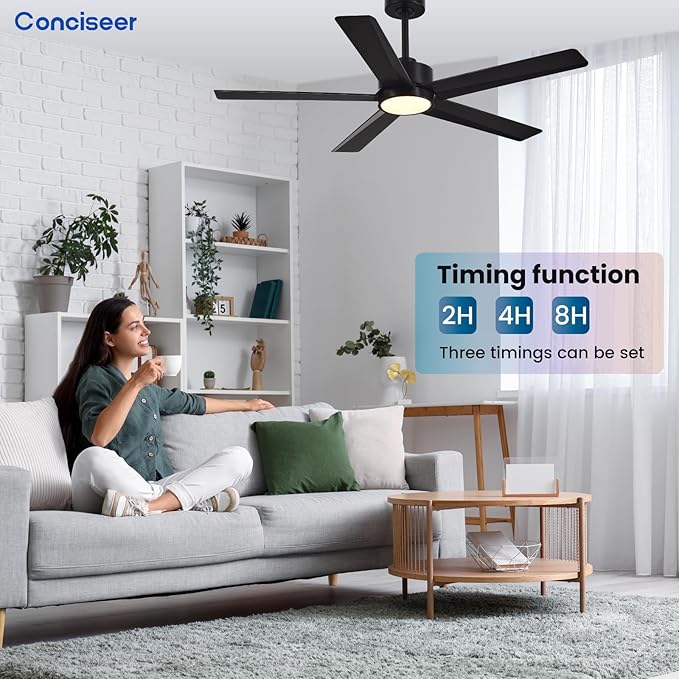 Conciseer Modern Ceiling Fans with Lights,52 Inch Ceiling Fans with Remote for Bedroom Living Room Kitchen, 18W 6CCT Dimmable，5 Blades 6 Speed Reversible Quiet DC Motor Black