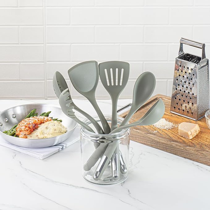 Restaurantware Silicone Utensil Set Pack of 1 Non-Slip Handle 6-Piece Kitchen Tool Set, Heat-Resistant Dishwasher-Friendly Cooking Accessories, Durable Green Cooking Utensils