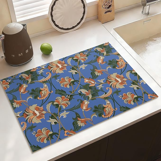 Vintage Floral Absorbent Coffee Bar Tea Mat Heat Resistant Drainer Mat with Non-slip Backed for Kitchen Counter Tableware Decor (Luxuriant Flowers,Navy)