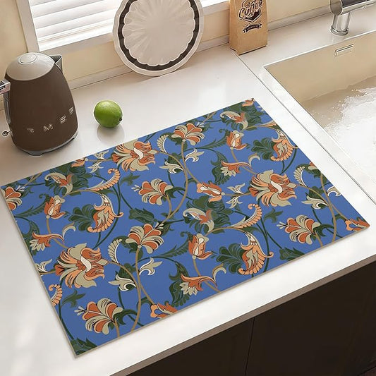 Vintage Floral Absorbent Coffee Bar Tea Mat Heat Resistant Drainer Mat with Non-slip Backed for Kitchen Counter Tableware Decor (Luxuriant Flowers,Navy)