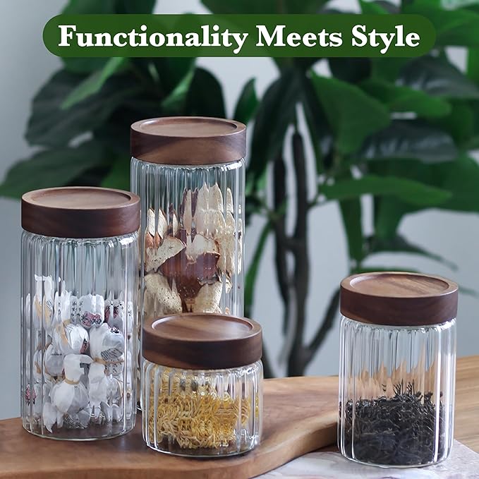 Decorative Borosilicate Glass Jar with Screw Top Airtight Wooden Lid, 40 oz/1200ml Leak Resistant Food Storage Canister, Wide Mouth Container for Cereal Coffee Cookie Candy Overnight Oats Sourdough