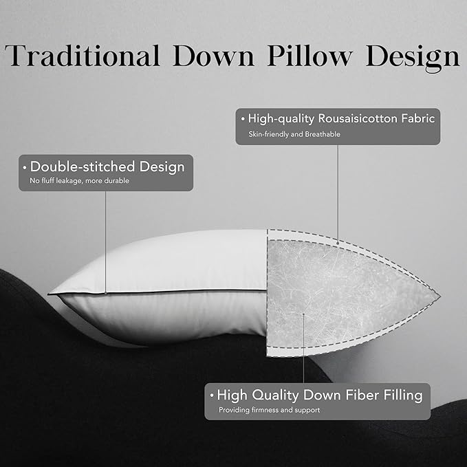 Down Bed Pillows Queen Size, Luxurious Hotel Pillow for Back,Stomach and Side Sleepers,Downproof, Soft, Fluffy, Breathable Cotton Blend Shell,Down Pillow Ideal for Every Night