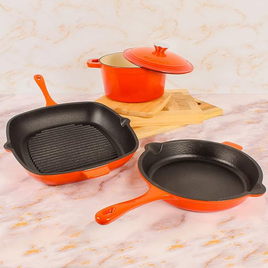 BergHOFF Neo 4Pc Enameled Cast Iron Cookware Set, Grill Pan 11 inches, Fry Pan 10 inches, 3qt. Dutch Oven, Matching Lid, Fast, Evenly Heat, Oven Safe (Orange)