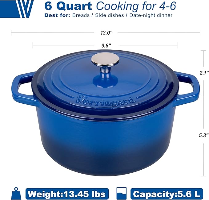 VORRINGARD Enameled Cast Iron Dutch Oven Pot with Lid, for Bread Baking, Round Bread Oven- include Sourdough Bread Baking Supplies Set, 6QT, Blue