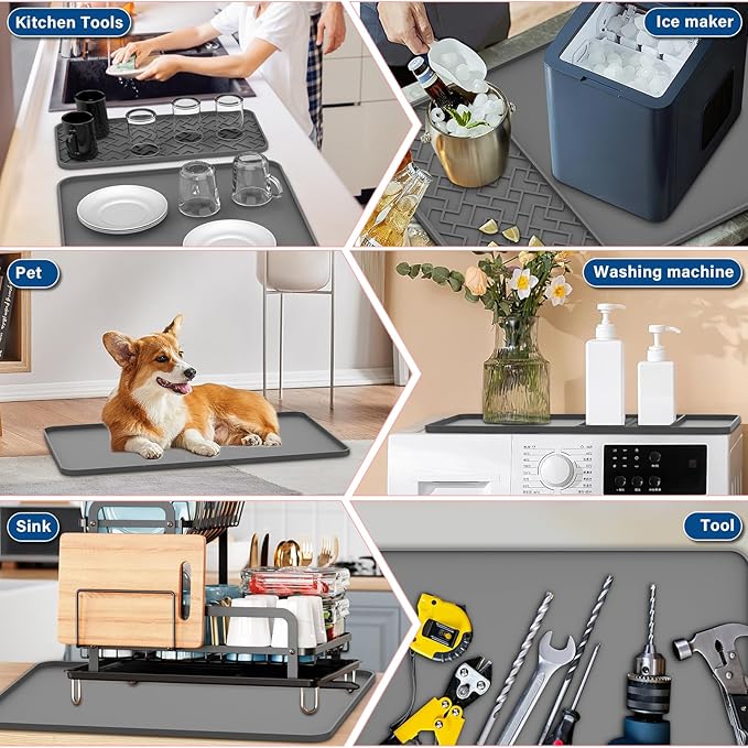 Silicone Coffee Maker Mat- Espresso coffee bar Mat accessories19"*12" - Convex Design, Leak-Proof and Non-Slip, Suitable for Use Under the Coffee Machine to Keep the Countertop Clea（Grey）