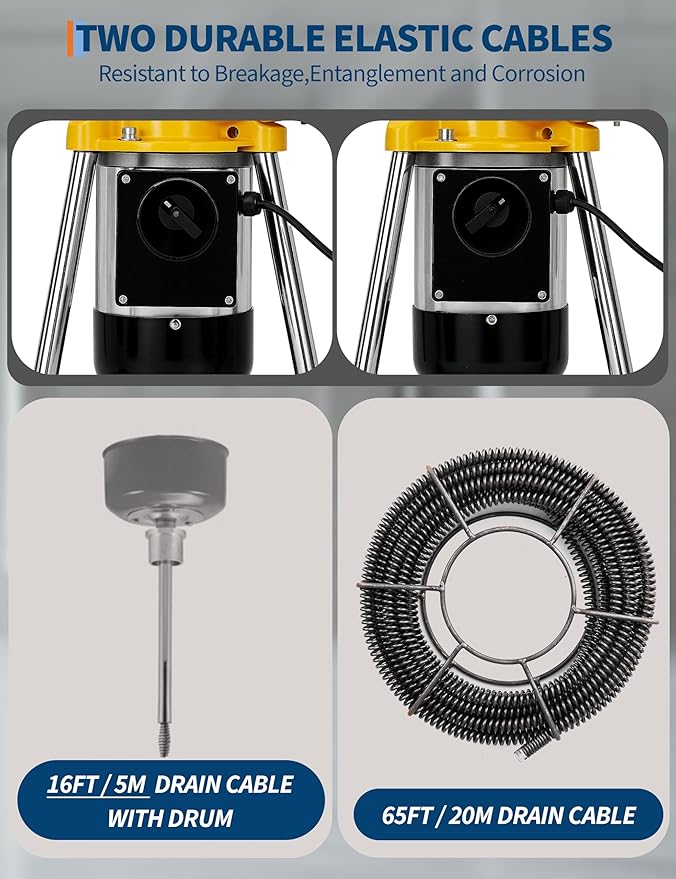 GarveeLife Electric Sewer Snake Drain Auger, Drain Cleaner Machine with 66FT x 5/8" & 16FT x 3/8" Steel Cables, 7 Cutters, 500w Power Auto Feed Pipe Snake for 3/4" to 4" Pipes for Sink Toilet Drainage