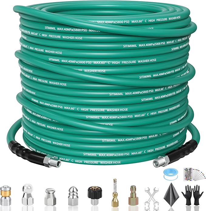 100FT Sewer Jetter Kit for Pressure Washer,1/4‘’NPT Drain Cleaner Hose 5800PSI, With Adapter Corner Rotating Button Nose Sewer Jetting Nozzles Kit Pearl Corsage Pin Spanner Waterproof Tape