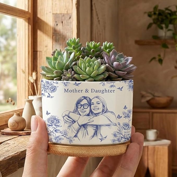 Personalized Mom Portrait Toile De Jouy Plant Pot, Custom Mom Photo Plant Pot from Daughter, Custom Grandma Gifts, Mama Gift, Birthday Gift