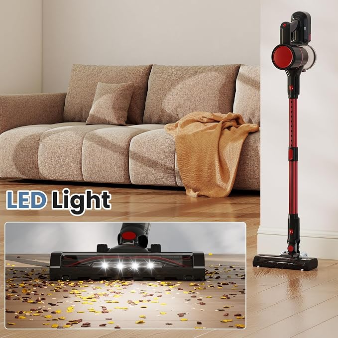 OLIXIS Cordless Vacuum Cleaner, Rechargeable Upright Cleaner with Flexible Steering, Extendable Wand, LED Headlight, 3 Brushes & Wall Mount, Handheld Vacuum for Hardwood Floor Home Cleaning