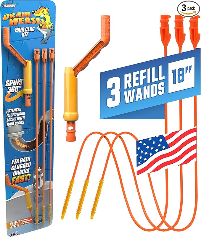 FlexiSnake Drain Weasel Sink Snake Hair Clog Remover Tool Kit, Sink, Pipe, Bathroom, Bathtub Drain Cleaner, 18-inch Long, Flexible, Made in The USA, 3 Pack Wand Refills and Removable Handle