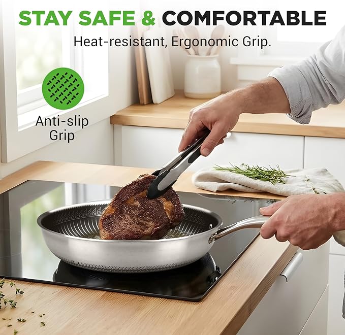 NutriChef 12" Stainless Steel Frying Pan with Lid- Triply Hybrid Large Skillet, Scratch-resistant Raised-up Honeycomb Fire Textured Pattern, Oven & DIshwasher Safe, NC3PL12