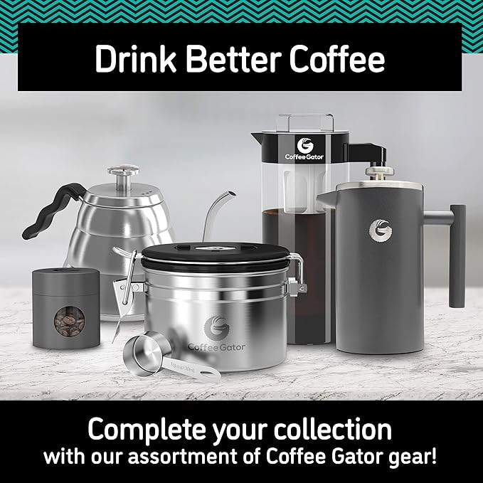 Coffee Gator Coffee Canister, 22oz Airtight Stainless Steel Kitchen Food Storage Container with Date-Tracker, CO2-Release Valve and Scoop for Beans, Grounds, Sugar, Cookies Jars, Tea, Cereal - Gray