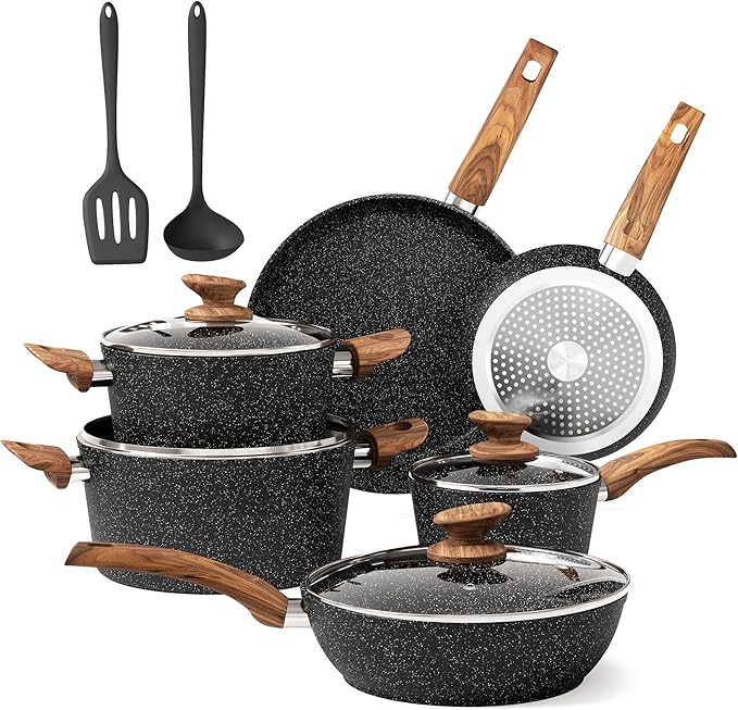 DishDelight Induction Pots and Pans Set Non Stick, 12 Piece Granite Kitchen Cookware Sets, Cooking Pot Set Nonstick Non Toxic, PFOA&PFOS Free, Black