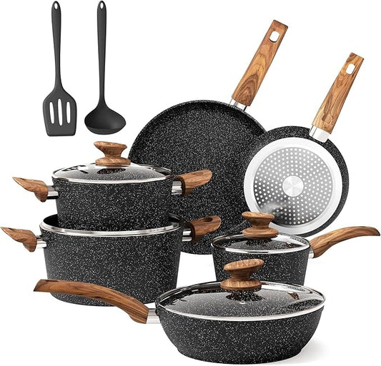 DishDelight Induction Pots and Pans Set Non Stick, 12 Piece Granite Kitchen Cookware Sets, Cooking Pot Set Nonstick Non Toxic, PFOA&PFOS Free, Black