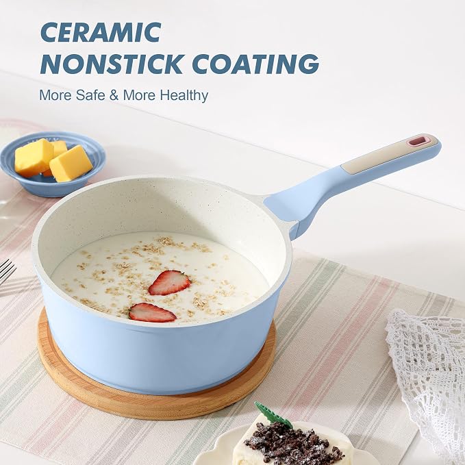 SENSARTE Ceramic Nonstick Saucepan with Lid 2.0QT, PTFE/PFAS Free, Blue | Kitchen Cooking Pot with Stay Cool Handle, Induction Compatible, Ceramic Coating