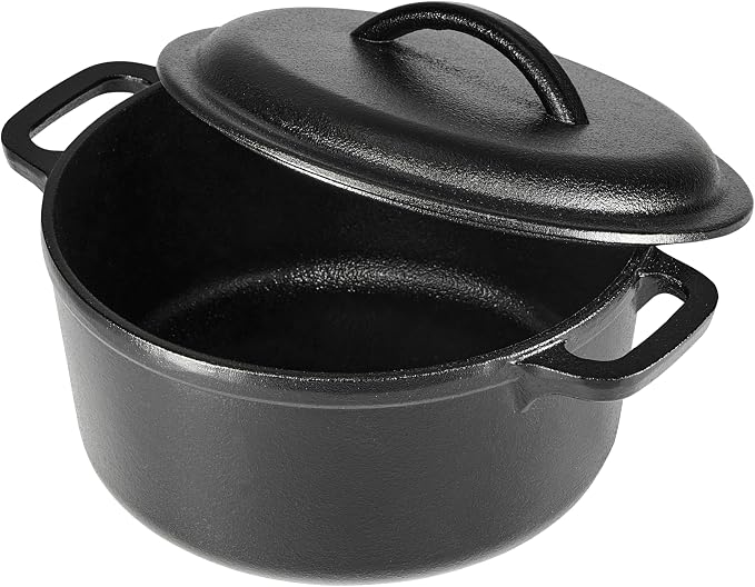 Amazon Basics Pre-Seasoned Cast Iron Mini Dutch Oven Pot with Lid and Dual Handles, Oven Safe, 2-Quart, Round, Black