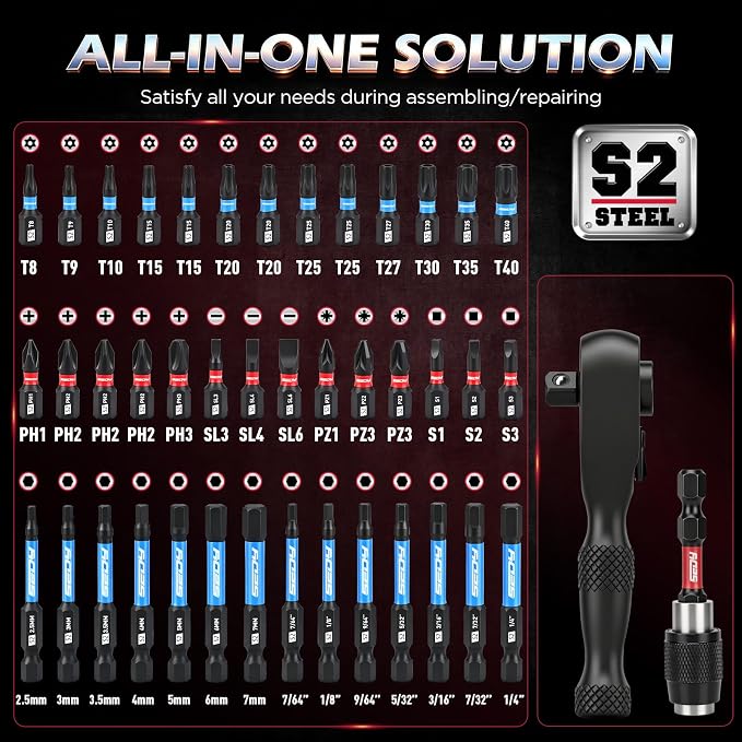 59-Piece Magnetic Nut Driver Bit Set, SAE and Metric Nut Drivers with Screwdriver Bits, Ratchet Wrench, Quick-Change Bit Holder and Storage Case for Automotive Repair, Home Repair and DIY Projects