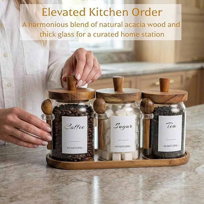 3-Pack 20oz Glass Coffee Container Set - Clear Airtight Canister with Wooden Lid Spoon Tray Labels, Food Storage Jar for Coffee Bean, Tea, Sugar, Housewarming Gift