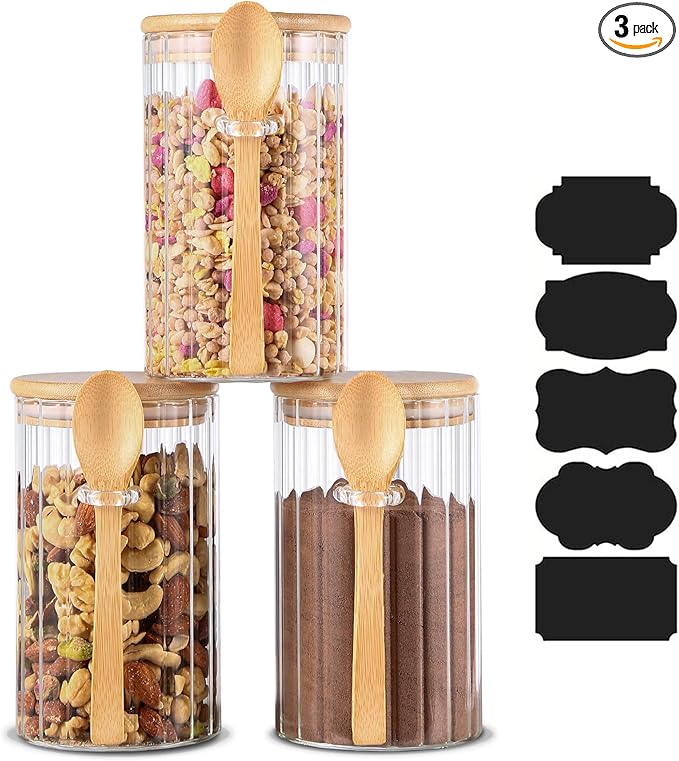 Steviieden 25 FL OZ Airtight Glass Jars with Bamboo Spoons Lids Overnight Oats Container Decorative Coffee Bar Food Storage Jar Cereal Nuts Salts Coffee Tea Flour Sugar Container Spice Jars